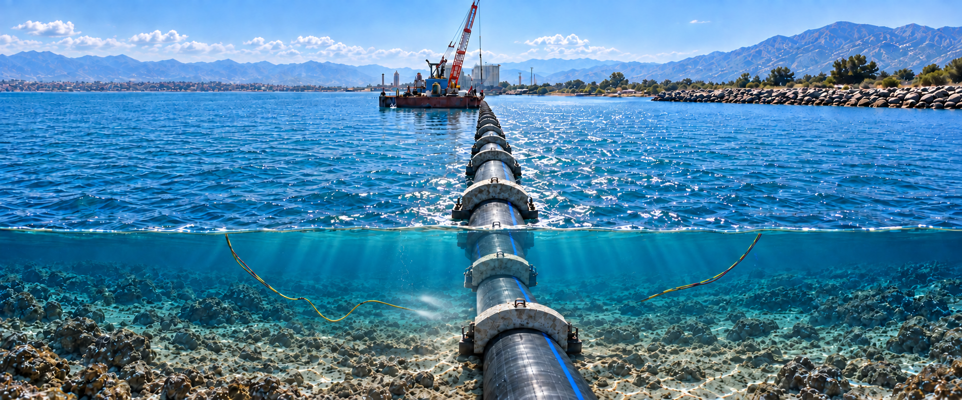 Vinçli platforma uzanan boru hattı. Temsili sualtı sahnesinde diz çöken dalgıç sualtı kumandasıyla önündeki küçük ROV'u yönlendiriyor. ROV'un çift lambası boruyu aydınlatırken diğer dalgıç yüzer pozisyonda inceleme yapıyor.